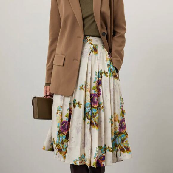 Tory Burch Cream Floral Full Midi Skirt SIZE 6 Pleated Preppy Fall Designer $600 - Picture 1 of 12